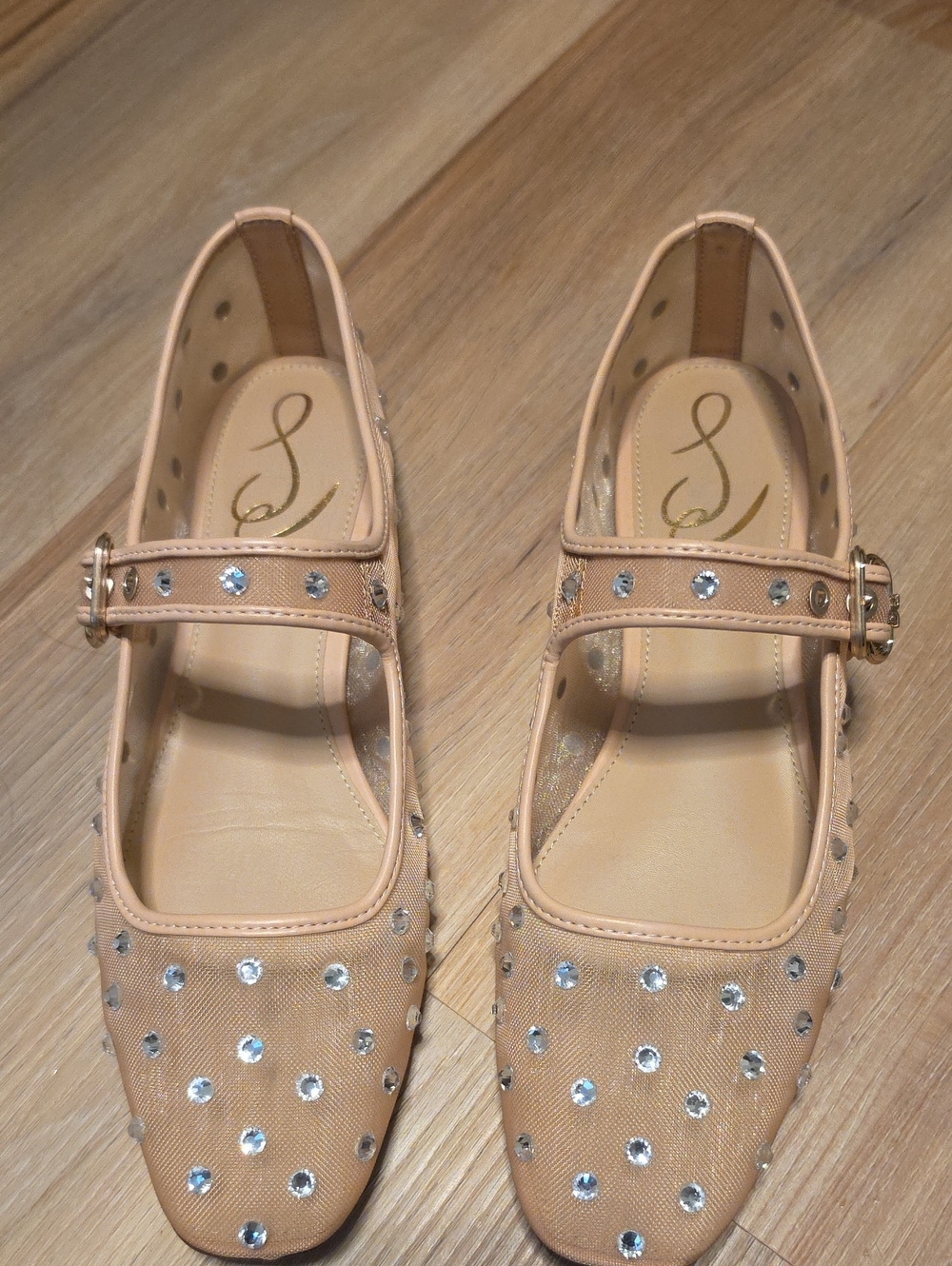 Women’s Nude Jewel-Embellished Mary Jane Flats